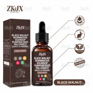 Gouttes liquides végétaliennes aux extraits de Noyer noir, Absinthe, Corossol, Graine de courge, Pau <span class=keywords><strong>Darco</strong></span>, Ail, Origan, Antioxydant, Soutien immunitaire, 60ml - Product Image 1