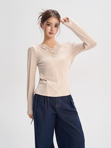 Dibala t-shirt Slim Slim da <span class=keywords><strong>donna</strong></span> a maniche lunghe pigro stile francese con scollo a V - Product Image 2