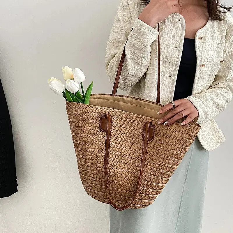 Strandstrohbeutel große Tote-Taschen für Damen neue Mode handgefertigte Sommer-Gehetasche Handtasche Stroh Strandtaschen