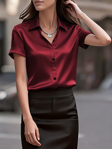 Chemisier à manches courtes pour femme, coupe ajustée, élégant, col à revers, couleur unie, idéal pour le bureau et le quotidien - Product Image 4