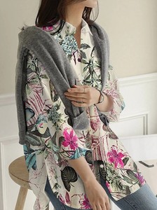 Cárdigan de solapa de camisa holgada de una sola botonadura con estampado de lino y tejido de algodón de manga larga para mujer - Product Image 2