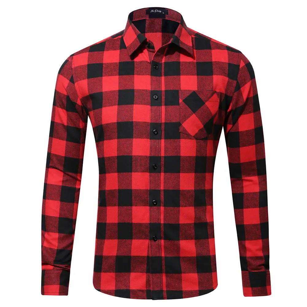 Wholesale mens cotton plaid check flannel long sleeve shirts with chest one pocket