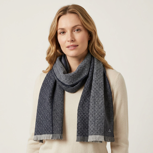 Geometric Pattern <b>Tweed</b> <b>Scarf</b> with Textured Contrast Fringe Vintage Style - Product Image 2