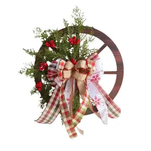Christmas Wooden Wheel Wreath Xmas Outdoor Wreath Decoration Hanging Circle Garland Handmade Artificial Ornament