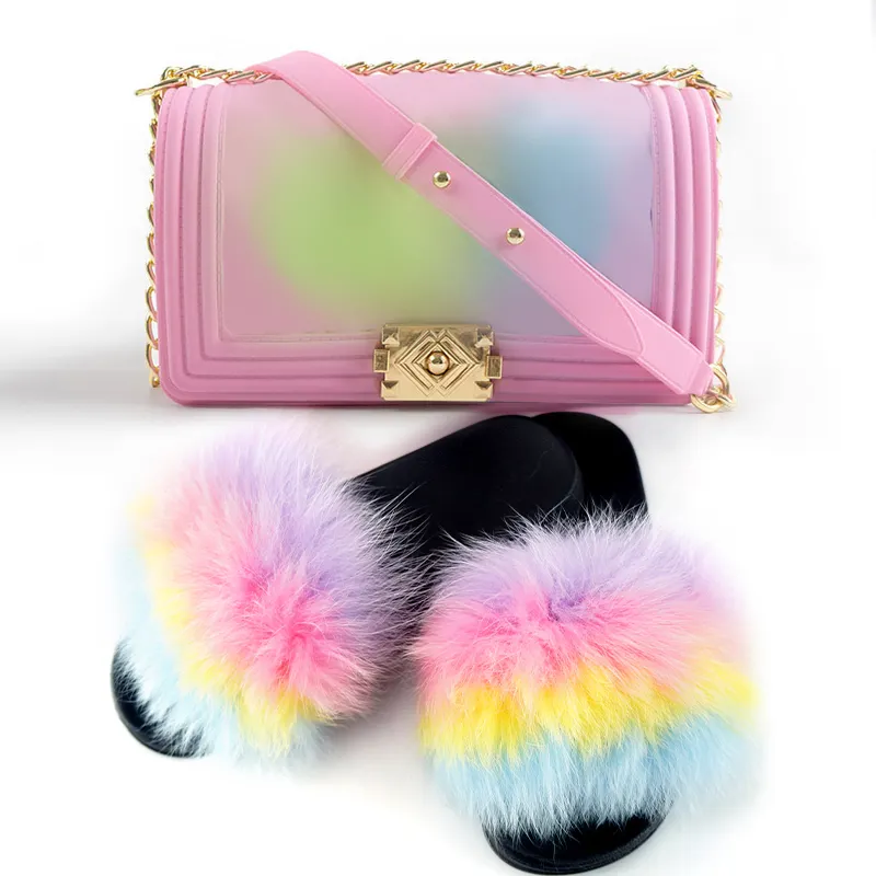 Women Shoes 2023 Purses Handbags Women Fur Slides Bags Handbag Match Real Fox Fur Slides Ladies Jelly Pvc Bag Silicone Bag