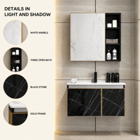 Meuble-lavabo de salle de bain suspendu en aluminium alvéolé, motif marbre, style luxe moderne, avec vasque, armoire miroir et étagères de rangement ouvertes