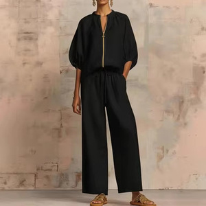Ensemble décontracté pour femme, pantalon large à jambes larges, couleur unie, fermeture éclair, col rond, tailles M, XXL, S, XL, L - Product Image 3