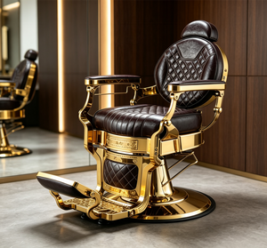 Fauteuil de coiffure hydraulique inclinable en cuir matelassé avec cadre en métal doré rétro haut de gamme - Product Image 5