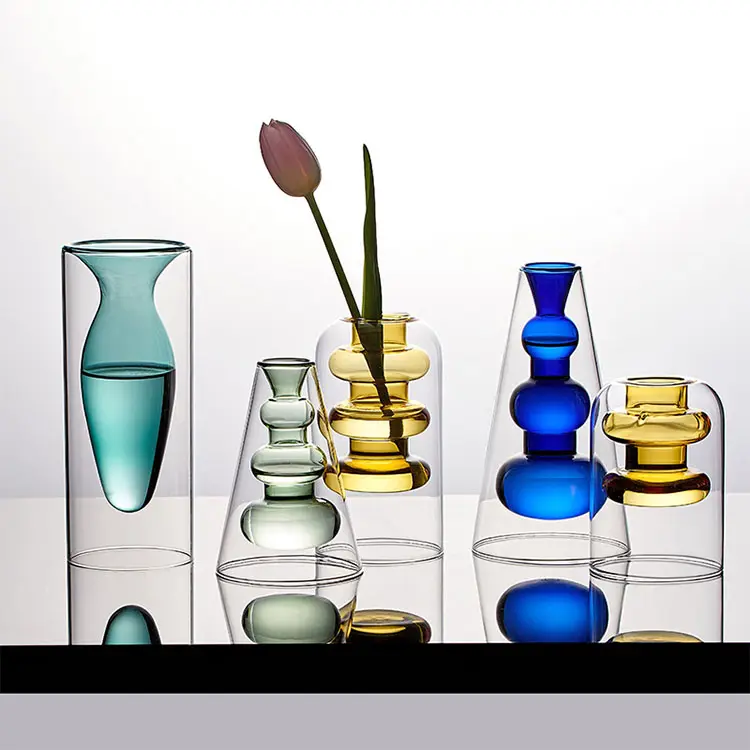 Vase à fleurs hydroponiques en Double verre teinté pour salon, décoration de bureau créative