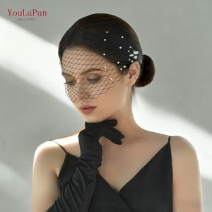 YouLaPan MA08-B Velo de novia minimalista negro de una sola capa, estilo jaula de pájaro, sexy, adornado con perlas de malla grandes, ideal para novias - Product Image 3