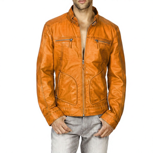 Custom Men's KLJM6 High Quality Sheep Skin Leather 100% Cotton Jacket <b>Mint</b> Color Waxed Edges Canvas Stand Collar Windproof - Product Image 5