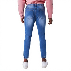 Jean en denim délavé taille haute coupe slim pour homme, pantalon décontracté en coton à jambe droite, style automne, couleur bleue - Product Image 2