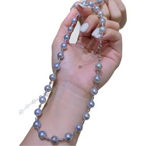 Collar de Lino con Incrustaciones de Oro Blanco de 18K, Exclusivo para Transmisión en Vivo, con Cuentas Naturales Azul Gris Plateadas, Perlas Brillantes de Luz Intensa - Product Image 5
