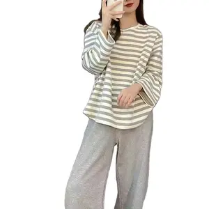 Fabricantes vendas diretas com almofada no peito pijama feminino primavera inverno calças de manga comprida soltas tamanho grande ho das mulheres listradas