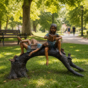 BLVE Garten- und Campus-Dekoration Lebensgroße Bronze-Skulptur von Kindern, die ein Buch auf einem Baumstamm lesen, Bronze-Statue von Kindern, die ein Buch auf einem Baumstamm lesen - Product Image 3