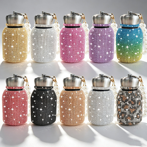 Bling Diamond Covered Chubby Mini Stainless Steel Thermal <b>Bottle</b> 300ml Portable Rhinestone <b>Flask</b> With Pearl Or Metal Chain - Product Image 1