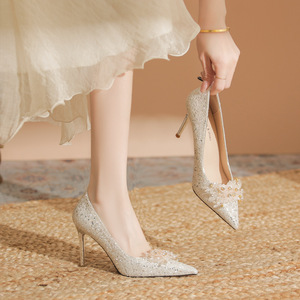 Solid Pattern Flower Heeled Sandals Pointed <b>Toe</b> Stiletto High Heel (3-5cm) Elegant Wedding Party Dress Shoes Comfortable Women's - Product Image 3