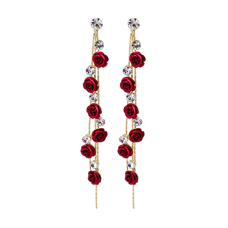 Hobbyworker 2022 Hot Selling Red and Purple Fringed Diamond Stud Rose Flower Earrings for Women Jewelry