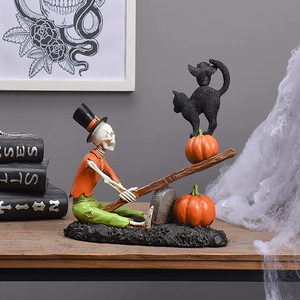 Halloween Skeleton Decor,Tombstone Seesaw Skeleton <strong>Cat</strong> Owl Statue with Pumpkin Lantern - Product Image 3