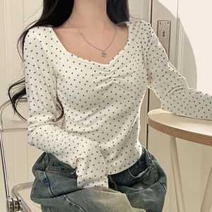 Camiseta de manga larga con bloques de color y lunares para mujer, cuello en V, plisada, ajustada, informal, básica - Product Image 3