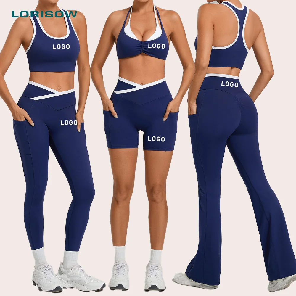 LORISOW Gym Outfits Sports Bras Matching High Waist Leggings Custom Logo Activewear Lady Flare Pants With Pocket Workout Clothes
