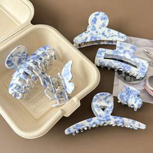 ZiTeng Vintage Azul Blanco Impresión Horquilla Set Estilo chino Acetato Tiburón Horquilla Garra Tamaño mediano Cabello azul y blanco - Product Image 4