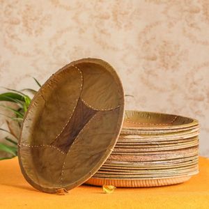 Assiettes jetables en feuilles de bambou, rondes, brunes, biodégradables, écologiques, vaisselle, lot de 10 - Product Image 1