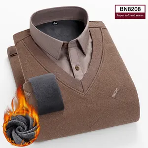 Nuova camicia da <span class=keywords><strong>uomo</strong></span> Casual a due pezzi a maniche lunghe calda con <span class=keywords><strong>velluto</strong></span> di mezza età spesso per papà anziano - Product Image 2