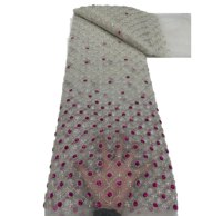 Tissu KC en dentelle à losanges fuchsia avec strass, tulle perlé multicolore pour tenue de mariée africaine Aso Ebi
