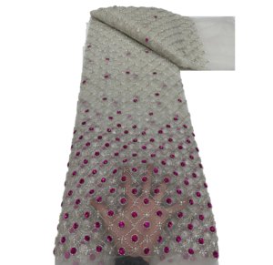 Tela KC con Pedrería de Diamantes <span class=keywords><strong>Fucsia</strong></span>, Tul con Cuentas Multicolores para <span class=keywords><strong>Vestido</strong></span> de Novia Africano Aso Ebi - Product Image 1