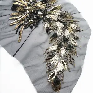 40CM or bleu noir paillettes queue de plume fleurs dentelle garnitures maille coudre sur patchs broderie pour mariage Appliques décoration bricolage