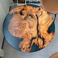 Tables de salle à manger en bois de noyer massif avec bord naturel et résine époxy, assemblées avec pieds en stock, vente en gros d'usine