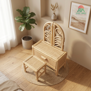 Nhat Minh Kids Rattan <b>Dressing</b> <b>Table</b> Set <b>With</b> Mirror And Stool Tropical Style Eco-Friendly Furniture - Product Image 3