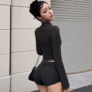 Hot Girl Style Stand Collar Long Sleeve Top <b>Napoleon</b> Buttons Cutout Decorative Pocket Slim Fit Waist Cropped Top - Product Image 5
