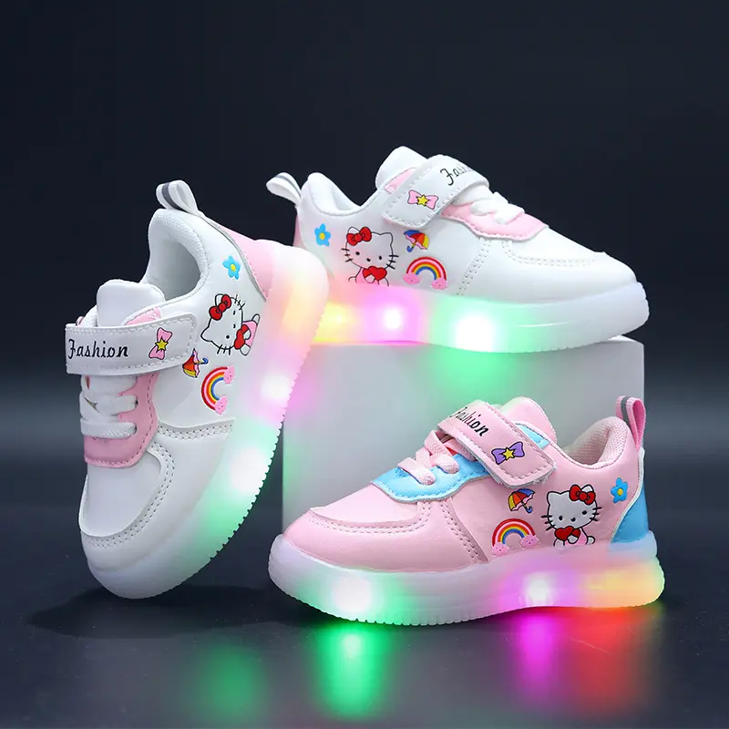 女の赤ちゃんの靴ファッションこんにちは漫画猫ki & ttスケートスポーツカジュアル1-3Yソフトソール滑り止め白い靴LED発光
