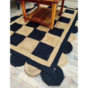Tapis de Jute tissé à la main tapis festonné tressé en Jute naturel pour la décoration de la maison Table à manger couloir tapis de cuisine à carreaux noirs - Product Image 1