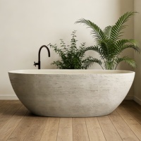 Nouvelle arrivée : Baignoire autoportante moderne en pierre texturée, couleur beige mat, forme ovale, baignoire de luxe pour villa
