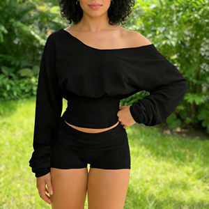 Asymmetrical neckline off-shoulder waist shaping batwing long-sleeved <b>top</b> basic mini <b>shorts</b> sexy sporty style Two-piece set - Product Image 6