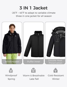 Veste de ski sportive pour garçon Wantdo, imperméable, 3-en-1, en polaire, avec tissu extensible - Product Image 4
