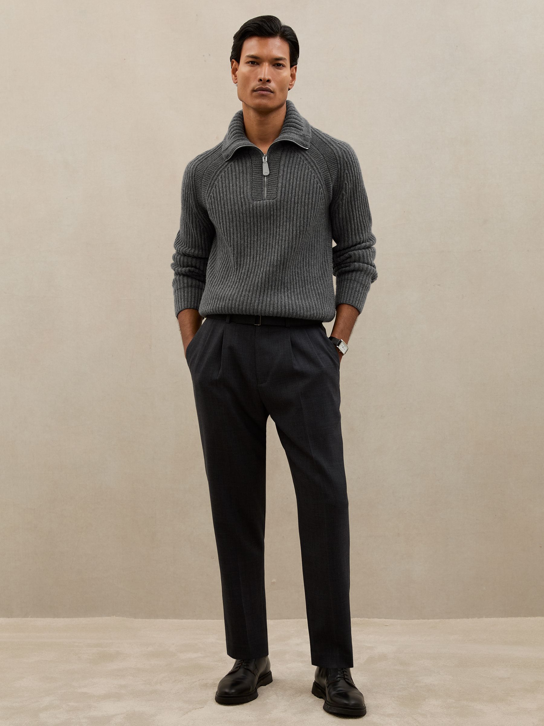 slim fit dress slacks Gray Double-Breasted Jacket, Black Turtleneck Knitwear, and Gray Trous   Wessi