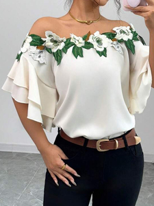 <span class=keywords><strong>Blusa</strong></span> con Bordado Floral, Hombros Descubiertos, Mangas con Volantes, Elegante, para <span class=keywords><strong>Fiesta</strong></span>, <span class=keywords><strong>Blusa</strong></span> <span class=keywords><strong>Blanca</strong></span> Informal para <span class=keywords><strong>Mujer</strong></span> - Product Image 4