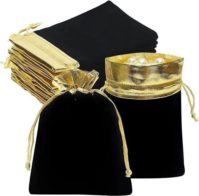 आभूषण पासा पार्टी के लिए ड्रॉस्ट्रिंग बोरियों के साथ 3*4 इंच काले सोने के कपड़े के उपहार पाउच बैग मखमली बैग