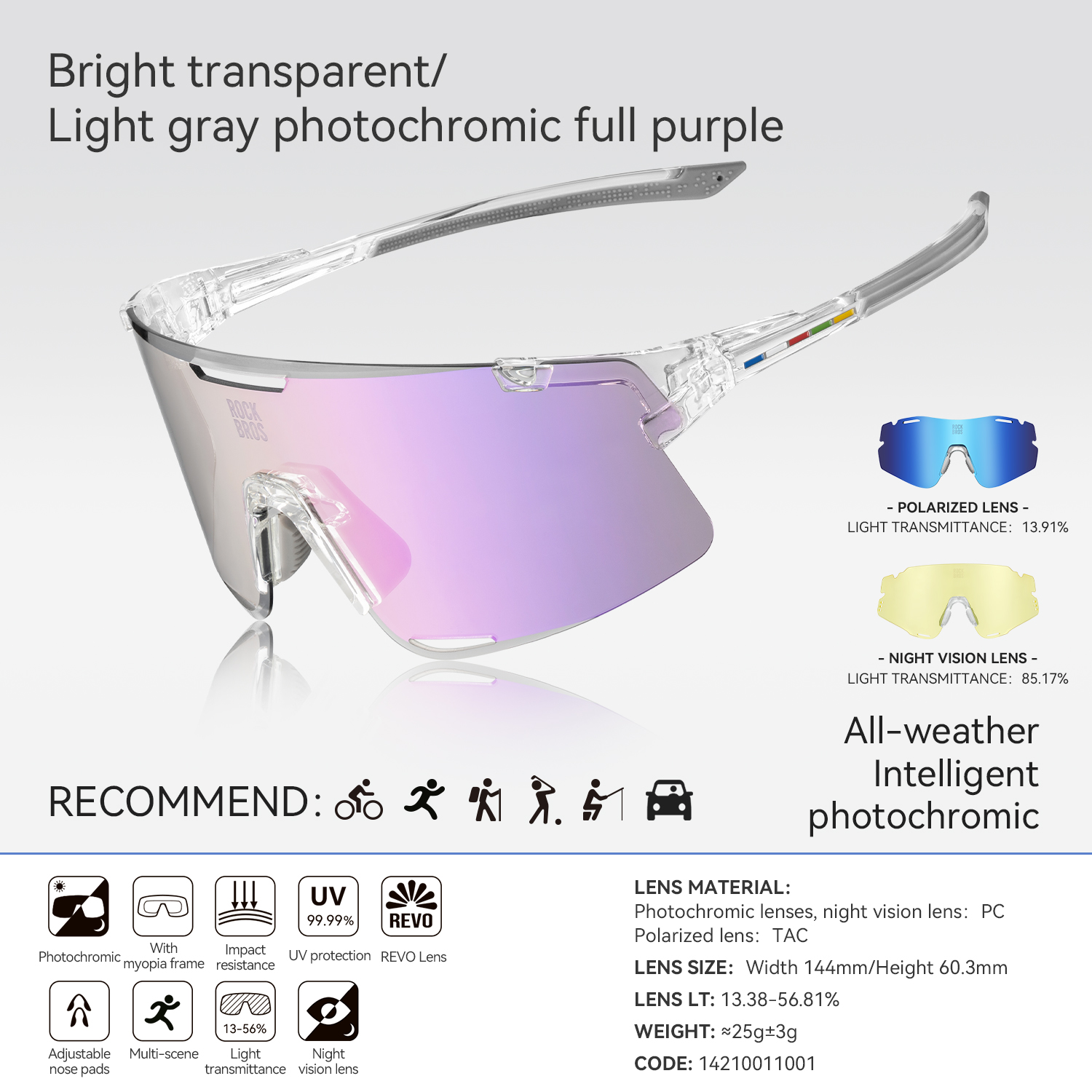 Cadre transparent lumineux/PC Gris clair photochromique violet complet