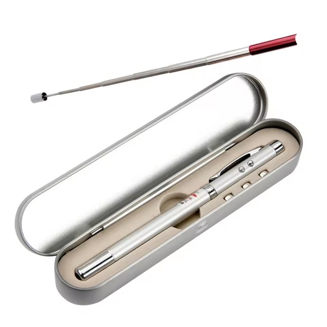 LED Flashlight 5-in-1 Red Laser Pointer Retractable Telescopic Antenna Ball Pen Metal Case-Teaching Tool Logo Pen 1.0mm Writing