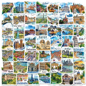 Nuevo Estilo, 50 Pegatinas de Mapas de Viaje Pintadas a Mano, Lugares Emblemáticos Mundiales, Resistentes al Agua, para Manualidades - Product Image 1