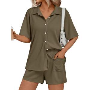 2025 femmes 2 pièces gaufre pour salon ensemble coupe ample XS taille vacances chemise avec poche cordon Shorts deux pièces ensemble Desig - Product Image 4
