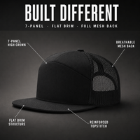 Casquette Trucker Snapback OEM ODM à 7 panneaux, visière plate, dos en maille, style Hip Hop, 6 couleurs, logo personnalisé