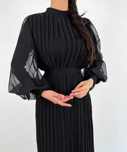 Fashionable light weight closed pleated Chiffon Kimono Dubai Turkey Kaftan Islamic Clothing Abaya Muslim Dresses For Women