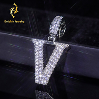 Collier Pendentif Lettre V Moissanite Iced Out avec Anneau Profond en Argent 925, Style Hip Hop pour Hommes et Femmes