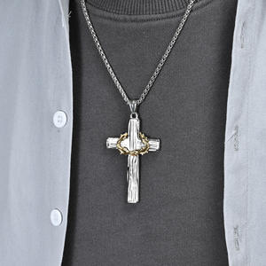 <b>Cross</b> Necklace Men Stainless Steel Black <b>Cross</b> With Gold Thorn Wreath Pendant Fashion Jewelry For Men - Product Image 3